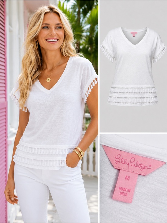 Lilly Pulitzer Tops - Lilly Pulitzer White V-Neck Tassel-Hem Short Sleeve Tee